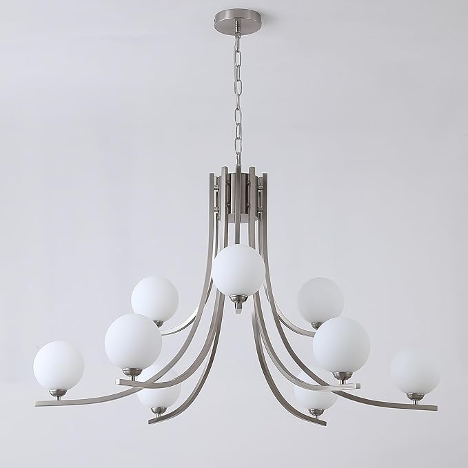 9-Light Nickel Chandelier for Dining Room Lighting Fixtures Hanging,Modern Globe Glass Chandelier, 39" Farmhouse Pendant Lights for Kitchen Island, Living Room