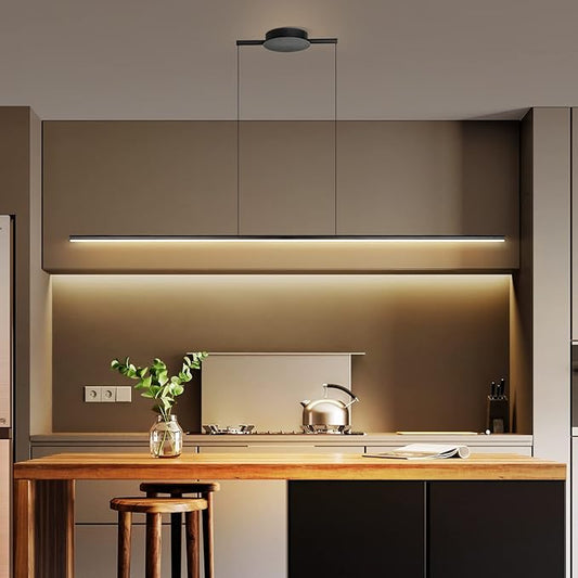 Kitchen Island Pendant Lighting 47.24 Inch Linear Light Fixture Chandelier 16W 3000K Warm Light Dimmable LED Hanging Light Fixture for Dining Room, Kitchen, Breakfast Bar, Living Room Black
