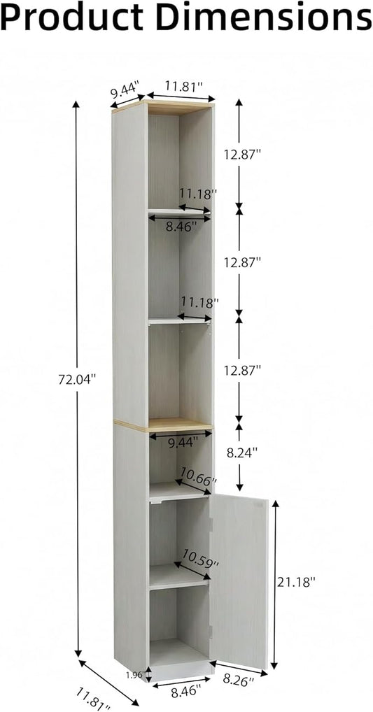 Casaphoria Space-Saving 72" Tall Narrow Bathroom Storage Cabinet, 6-Tier Slim Storage Cabinet with Adjustable Shelves, Anti-Tip Freestanding Display Shelf for Small Spaces, Apartments,White