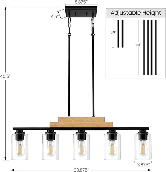 Dining Room Light Fixture/Chandeliers Over Table, 5-Light Modern Rustic Linear Pendant Lights Kitchen Island Lighting, Wood Ceiling Light Fixture Hanging with Clear Glass Shade, Matte Black