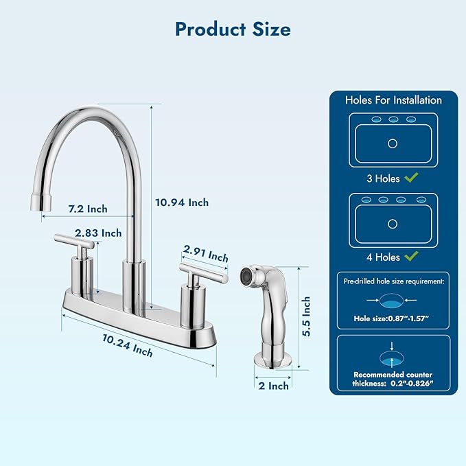Kitchen Faucets, High Arc 360°Rotating Spout Kitchen Sink Faucet, 2 Handle 8 Inch Centerset RV Kitchen Faucet with Supply Lines, 3 or 4 Hole Kitchen Faucet with Side Sprayer, Polish Chrome