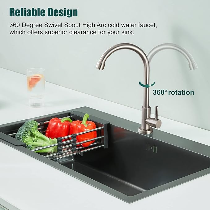 Heyalan Brushed Nickel Kitchen Faucet Cold Water Only 1 Hole Single Handle 360 Degree Swivel Spout Deck Mount High Arc SUS304 Sink Bar Tap Goose Neck with Hose and Longer Thread Pipe