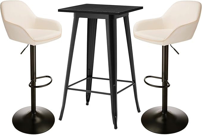 Glitzhome Bar Table and Chairs Set, Square Black Steel Pub Table with Soild Elm Wood Top and Bar Height Adjustable Swivel PU Leather Bar Stool for Breakfast Nook Living Room Small Space Restaurant