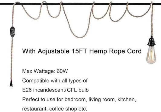 15FT Pendant Light Cord Kit with Dimmer Switch, Twisted Hemp Rope Vintage Plug in Hanging Lighting, Industrial Lamp Socket Set E26, Extension Hanging Lantern Cable Fixture for Farmhouse, Retro DIY