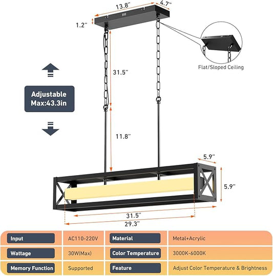 31.5" Farmhouse Kitchen Island Lighting, Black Rectangular Chandeliers for Dining Room Light Fixture, 30W LED Dimmable Linear Pendant Light for Kitchen Island Over Table with Remote