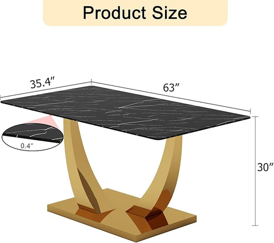 AZmac 63'' Black Dining Room Table for 4-6, Faux Marble Dining Table with Gold Base, Rectangle Kitchen Table with Tempered Glass Top for Kitchen Dining Room