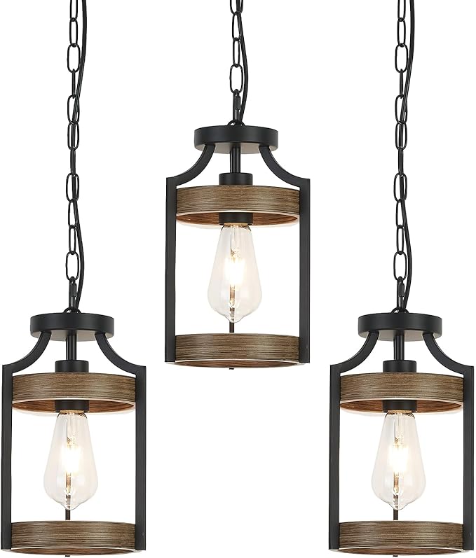 Farmhouse Pendant Light, Rustic Wood Metal Light Fixtures with Adjustable Hanging Chain, Small Pendant Lighting for Kitchen Island, Dining Room, Entryway, Cafe & Bar, 3 Pack