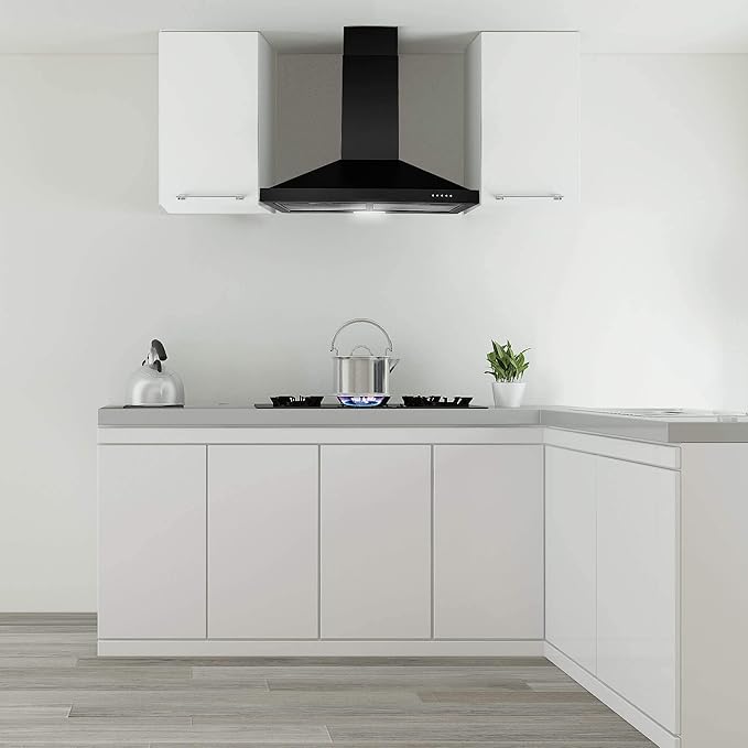 SNDOAS 24 inch Range Hood Black,Stainless Steel Chimney-Style Kitchen Hood, Ductless Stove Hood Vent with Energy Saving LED Light,Wall Mount Vent Hood, Push Button 3-Speed Exhaust Fan