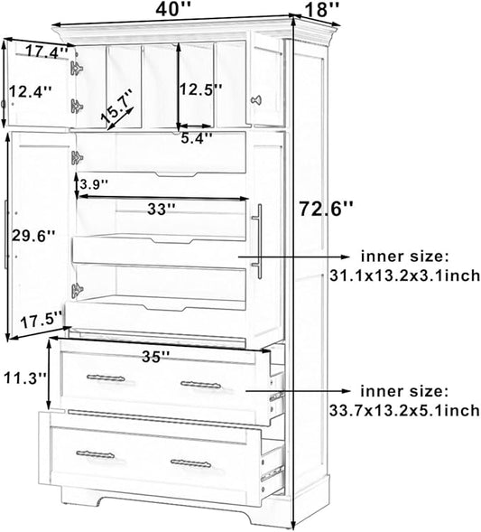 Merax 72.6" Farmhouse Kitchen Pantry Cabinet with Pull-Out Trays & Drawers, Freestanding Pantry with Cake Pan Storage, 4-Door Shaker Style Storage Cabinet, 40" L x 18" W, Grey