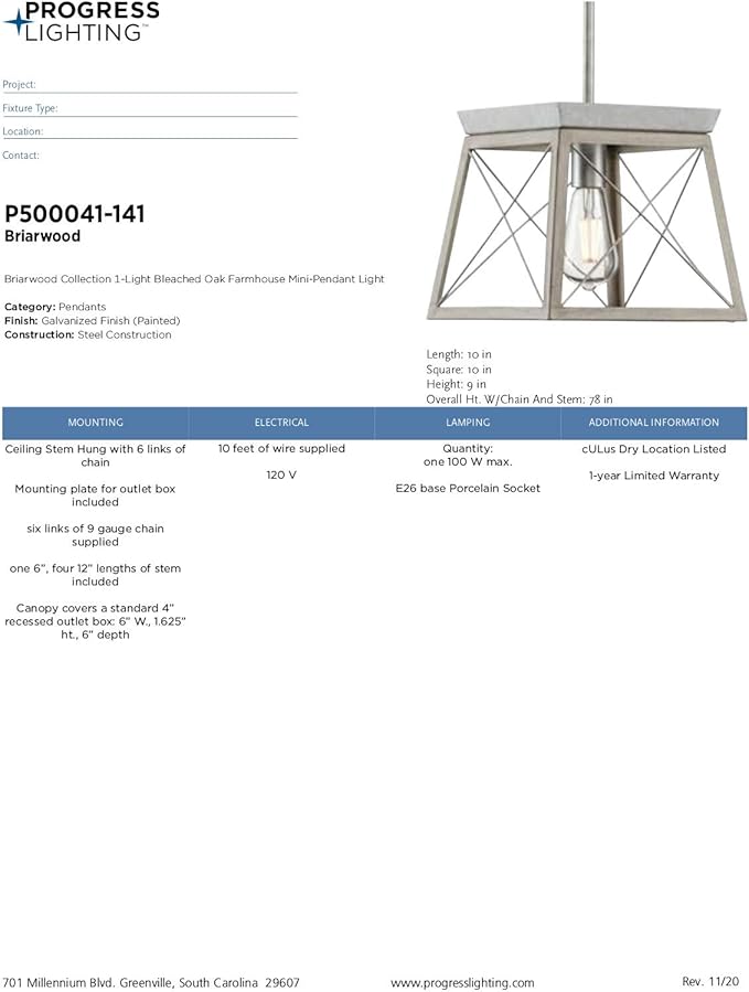 Progress Lighting Briarwood Collection 1-Light Bleached Oak Farmhouse Mini-Pendant Light, Galvanized, 9.00x10.00x10.00