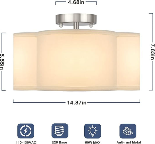 4-Light Semi Flush Mount Ceiling Light Fixture, Silver Modern Close to Ceiling Lamp with White Fabric Shade, Contemporary Bright Lighting for Nursery Kids Baby Room Kitchen Bedroom Hallway Entryway