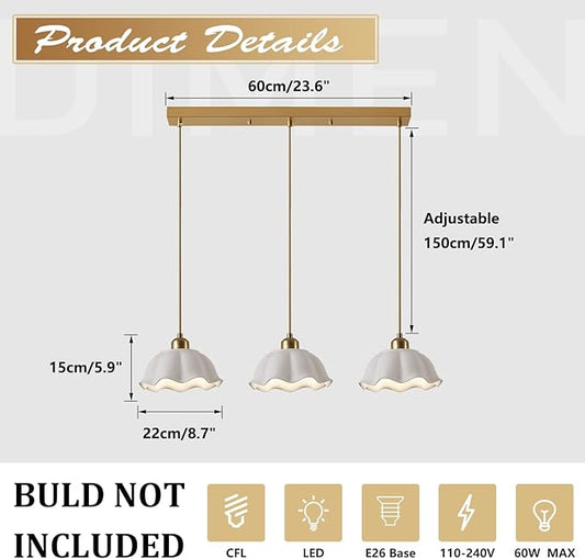 3-Light Hanging Pendant Light Fixtures Gold Kitchen Island Lighting Vintage Milk Glass Light Adjustable White Wave Ceramic Hanging Ceiling Light Nordic Retro Ceiling Lamp MPL11-3S GD