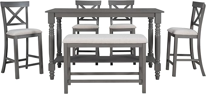VilroCaz Modern Elegant 6-Piece Counter Height Kitchen Dining Table Set, Solid Wood 60'' Rectangle Table with Bottom Shelf, 4 Comfort Upholstered Chairs 1 Bench for Dining Room Restaurant (Gray)