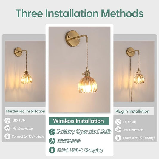 Shenmoyl Battery Operated Wall Sconce with Amber Tulip Shade Pattern Glass Adjustable Chain Retro Gold Wall Mounted Light, Modern Wall Lamp Fixtures Decor for Bedside Bedroom Indoor Doorway