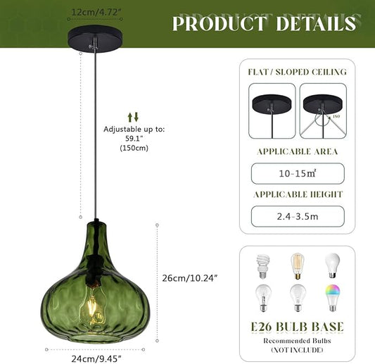 Vintage Pendant Lights Green Glass Hanging Lights Mid-Century Modern Pendant Light Fixtures Black Finish 9.45″ Globe Hammered Shade Adjustable Pendant Lighting Kitchen Sink Farmhouse