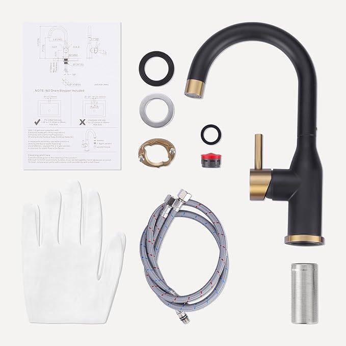 WOWOW Black and Gold Modern Single Handle Bar Faucet, 1 Hole, 360 Swivel, RV Sink Faucet, Mini Bar Tap with Water Supply Hoses