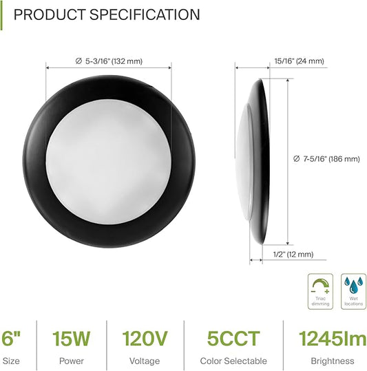 ASD 6 Pack LED Disk Lights 6 Inch, 15W 5CCT 2700K-5000K 1245LM CRI90+, Dimmable Flush Mount Ceiling Light Fixture, Low Profile Surface Mount Disc Lights, Junction Box or Recessed Can Install, UL