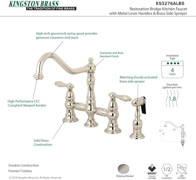 Kingston Brass KS3276ALBS Restoration Bridge Kitchen Faucet, Polished Nickel, 13.06 x 14.06 x 9.44