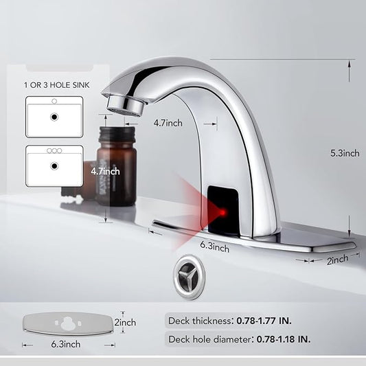 Automatic Touchless Bathroom Sink Faucet Commercial Sensor Motion Activated Hands Free Basin Auto Tap with Deck Cover Plate Battery Operated Temperature Valve Water Saving Modern Stylish(Chrome)