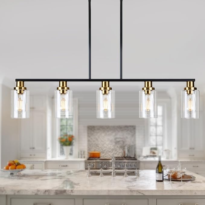 Dining Room Light Fixture,5-Light Farmhouse Linear Chandeliers for Dining Room Over Table,Matte Black and Gold Finish Kitchen Island Pendant Lighting for Kitchen Island,Pool Table Light
