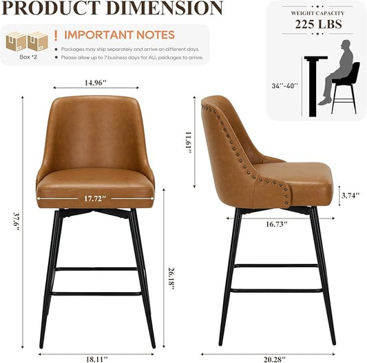 MALOL Bar Stools Set of 4, 26" Swivel Counter Height Chairs with Back,Thick Padded Seat & Footrest,Modern Faux Leather Barstool for Kitchen Island,Pub,Brown