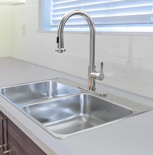 Kindred CDLA3322-7-1N Creemore 33-in LR x 22-in FB x 7-in DP Drop In Double Bowl 1-Hole Stainless Steel Kitchen Sink, 33" x 22"