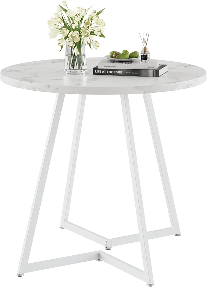 VECELO Round Dining Room Table with Wood Grain Tabletop and Steel Frame, for Kitchen, Living Room, Office, Conference, 2 to 4 Person, White Faux Marble