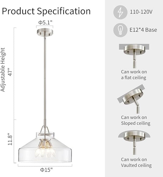 WUZUPS Chandelier Rustic Farmhouse Industrial Round Ceiling Pendant LED Light Fixture with Clear Glass Shades for Dining Room Kitchen Island Foyer Entryway, H 11.8" W 15", E26 Base, Gold