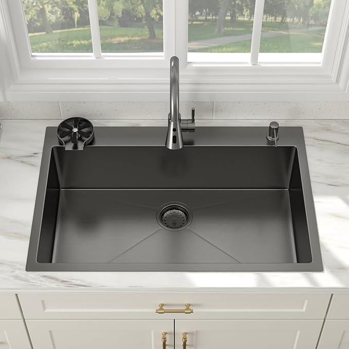 33x22 Black Drop In Kitchen Sink with Faucet Combo16 Gauge Stainless Steel Single Bowl Kitchen Sink Large Deep Round Corner Handmade Topmount Overmount Basin Kitchen Sinks