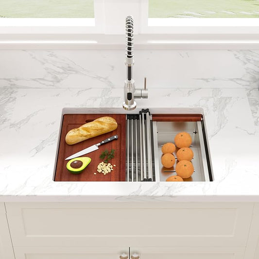 Sarlai 25 Inch Kitchen Sink Undermount - 25"x19" Undermount Sink Ledge Workstation Stainless Steel 16 Gauge Deep Single Bowl Under Counter Kitchen Sinks with Accessories