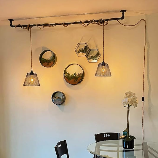 2-Light Plug in Pendant Light with Black Metal Cage Lampshade Ø20cm, E26/E27 Hemp Rope Vintage Hanging Lights Kit with Plug in Cord 19.68ft for Dining Room Living Room, No Bulb