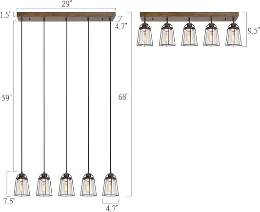 KSANA 5-Light Kitchen Island Lighting, Farmhouse Linear Chandelier with Seeded Glass Shade, Rustic Faux Wood Dining Room Light Fixture Over Table