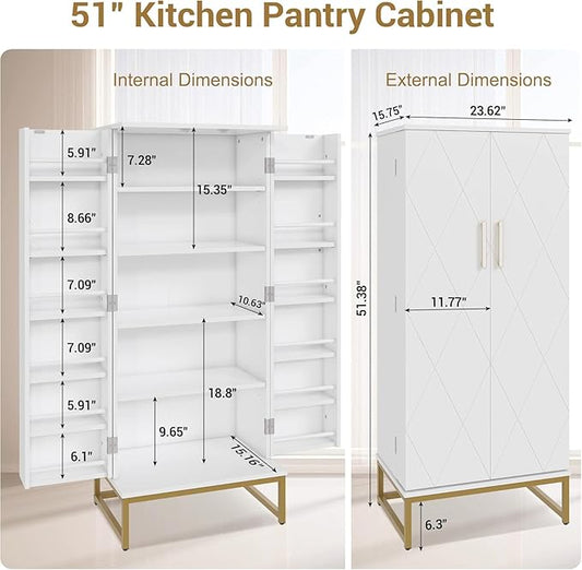 kepptory 51” Kitchen Pantry Storage Cabinet, White Freestanding Pantry Cabinets with Doors and Adjustable Shelves, Buffet Cupboards Storage Cabinet for Home Office Use, Dinning Room(White + Gold)