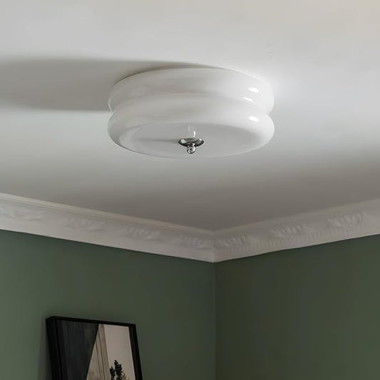 Bofea-Modern Glass Flush Mount Ceiling Light Milk Glass Schoolhouse Lights Fixtures LED Flush Mount Light for Bathroom Chrome Hallway Lamp Round Ceiling Lights for Bedroom Kitchen