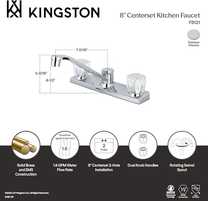Kingston Brass FB121 7-11/16-Inch Spout Reach Columbia 8-Inch Kitchen Faucet Without Sprayer, Polished Chrome