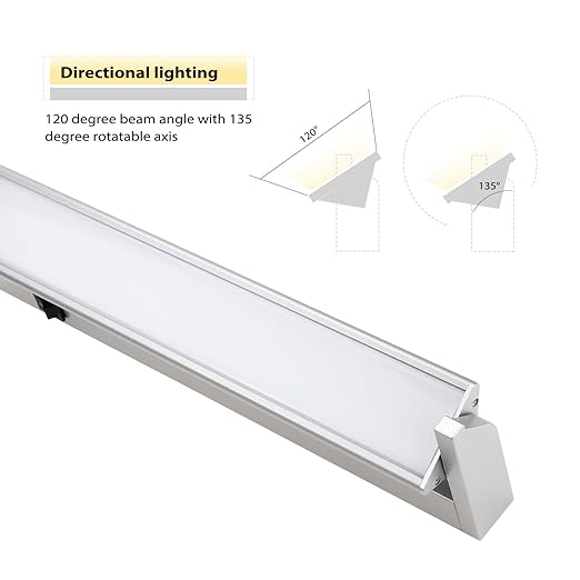 Multi-function LED Under Cabinet Lighting Fixture -Plug-In Installation- Angle Adjustable LED Mirror Light - Warm White - Shatterproof PC diffuser Aluminum Housing 120° Beam Angle for Cabinet, Bathroom, Accent Lighting