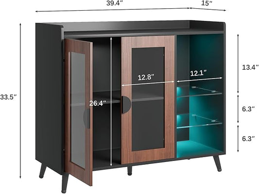 HedoAjim Sideboard Buffet Cabinet with Storage, Farmhouse Buffet Table Coffee Bar Storage Cabinet with 4 Doors, 3 Drawers and Shelves, Sideboard for Dining Room Kitchen (Brown)