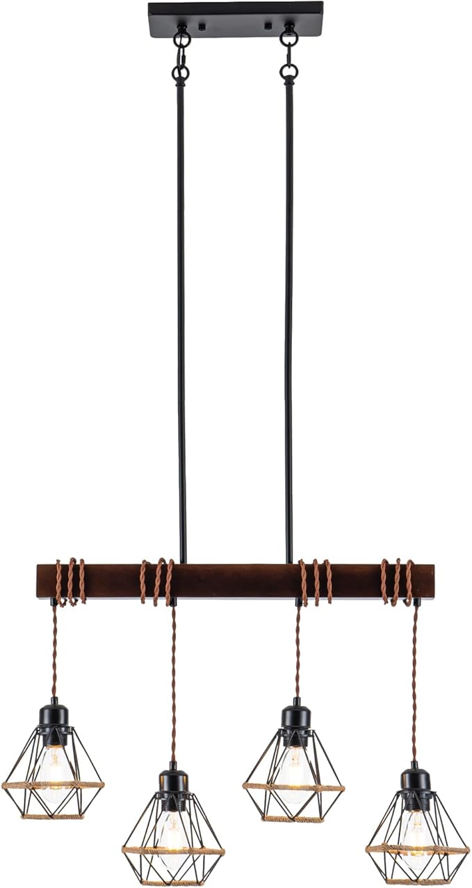4 Light Kitchen Island Lighting, Farmhouse Chandeliers for Dining Room Light Fixtures Over Table, Modern Wood Pendant Lights Kitchen Island with Metal Lampshade