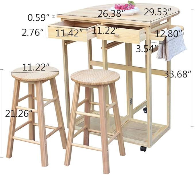 LITOU Kitchen Island on Wheels,Small Kitchen Table with Rolling Casters,Dining Table Set with Folding Drop Leaf 2 Drawers, Small Kitchen Table Set for 2 Square Stools - Natural