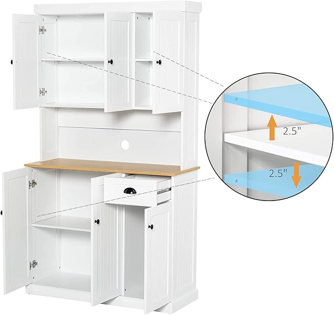 RASOO Kitchen Pantry Cabinet White 71" Freestanding Sideboard Storage Cabinet Furniture Microwave Cabinet with 6 Doors and 1 Drawer