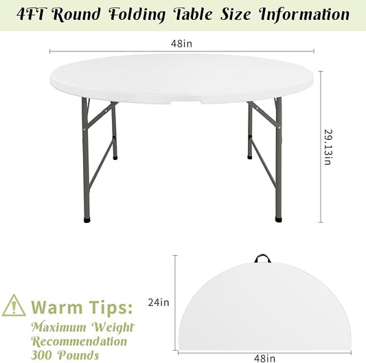Fivenl 4 FT Round Folding Tables White Foldable Table, Fold-in-Half with Carrying Handle Portable Plastic Table for Party, Dining, Wedding, Camping, Picnic, Indoor Outdoor Events