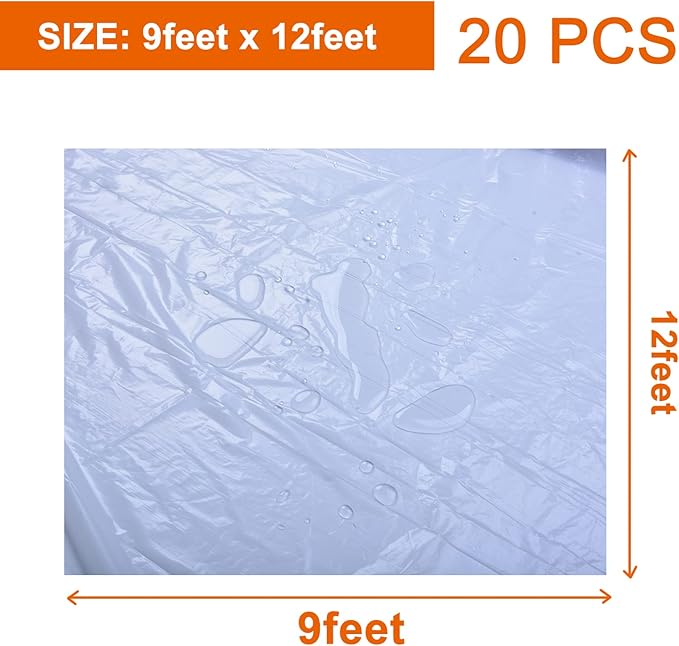 20 Pcs Plastic Sheeting Drop Cloths for Painting, 9x12ft Plastic Tarp Waterproof Dustproof Almost Tear Resistance Multi-Purpose Furniture Cover Floor Wall Protection Film