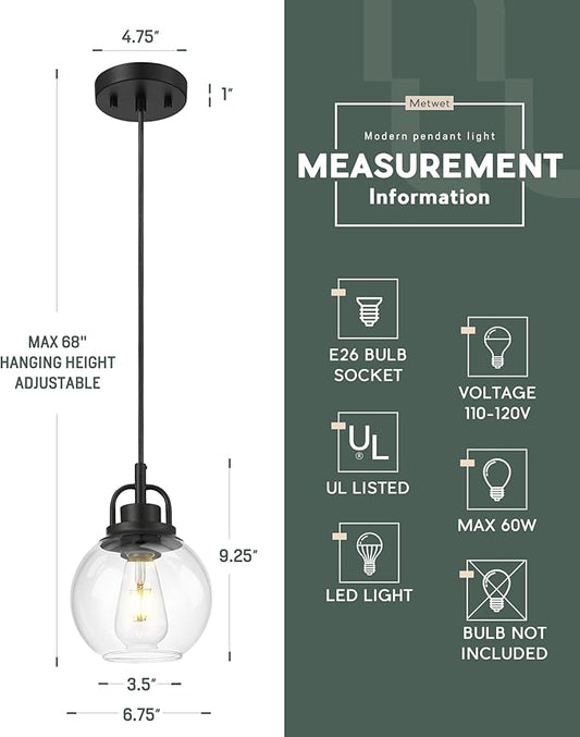 Pendant Lights Kitchen Island, 7" Matte Black Pendant Light Fixtures Over Island with Globe Clear Glass Shade, Farmhouse Hanging Lights for Dining Room Entryway, PL125-MB-1PK