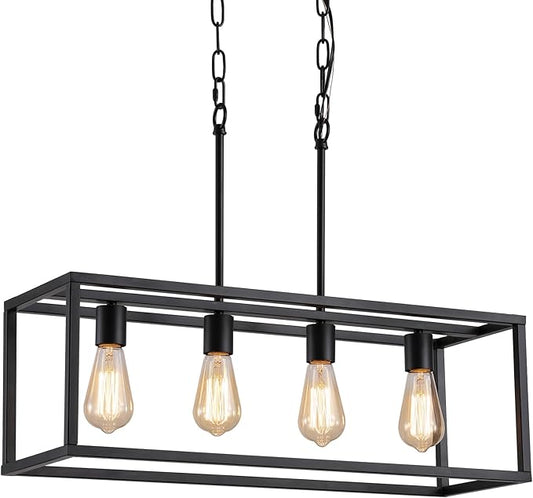 AMZASA Black Rectangle Island Lighting Rectangular Modern Industrial Chandelier 4 Lights Linear Vintage Cage Light Fixtures for Kitchen Dining Room (Height Adjustable)