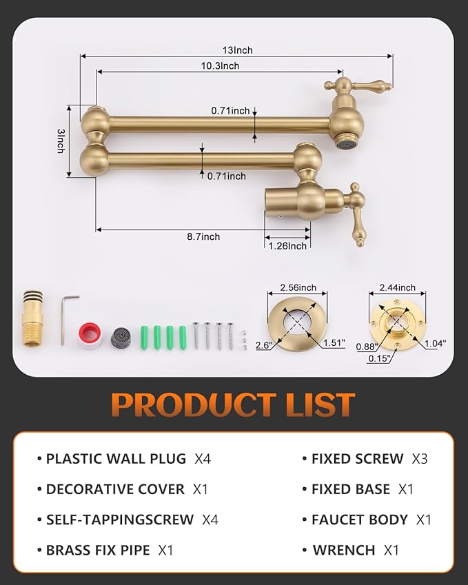 Gold Pot Filler, Brushed Brass Pot Filler Faucet Wall Mount, Potfiller, Vintage Pot Filler Over The Stove Faucet with Two Handles Strechable Double Joint Swing Arms
