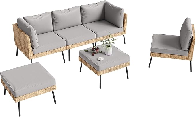 Aoxun 6-Piece Patio Furniture Set, Wicker Outdoor Furniture with Water Resistant Thick Cushions, Patio Conversation Set Outdoor Sectional Sofa with Coffee Table for Backyard Poolside, Light Grey