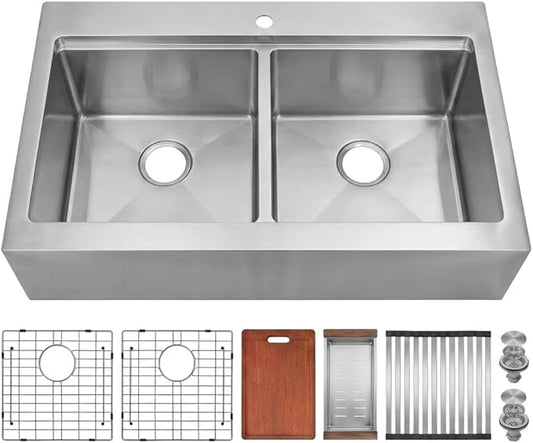 LQS Double Bowl Kitchen Sink, Undermount/Drop In Kitchen Sink, Double Bowl Stainless Steel Kitchen Sinks, 16 Gauge Stainless Steel Handmade Sinks (Stainless Steel, 30" x 22" x 10")
