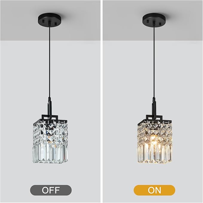 Modern Crystal Pendant Light Kitchen Island Farmhouse Lamp Adjustable Height Hanging Lighting Square Black Chandelier Suitable for Kitchen Island Dining Room and Bedroom(3Pack)
