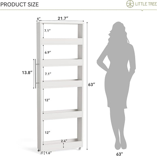 LITTLE TREE 63-Inch Slim Storage Cart on Wheels, 5-Tier Tall Narrow Mobile Shelf Organizer, Rolling Utility Cart with Metal Handle for Kitchen, Dining Room, Small Spaces, White