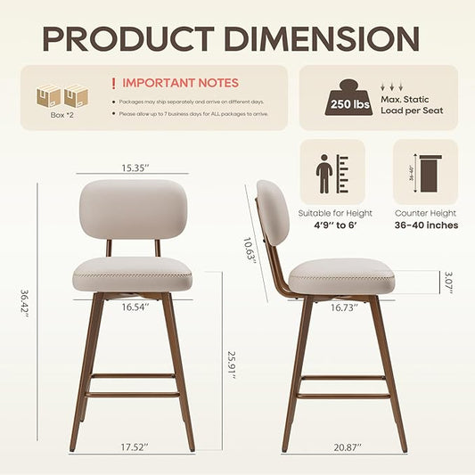 MALOL 26“ Swivel Bar Stools Set of 4, Mid Century PU Leather Counter Height Bar Chairs with Low Back and Metal Legs, Modern Bar Stool Chair for Kitchen Island, Beige